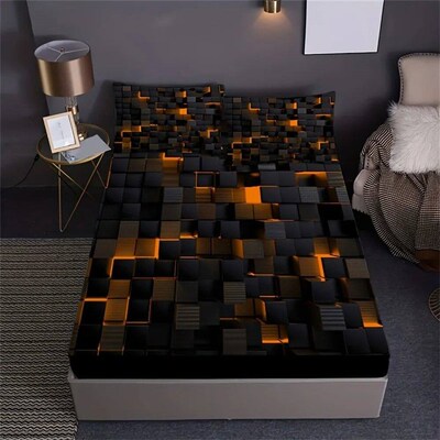 Red Grid 3D Visual Geometry Art Print Fitted Sheet Set Mattr