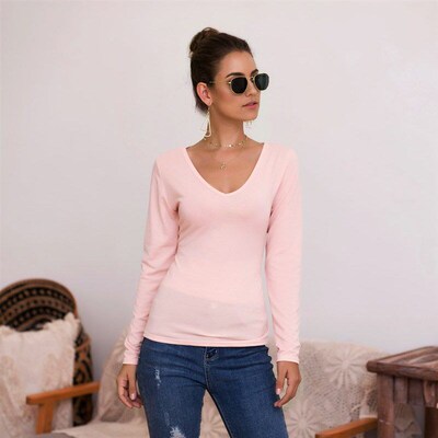 2025 Fall Winter Solid Color VNeck Slim Sexy Tops TShirts 76
