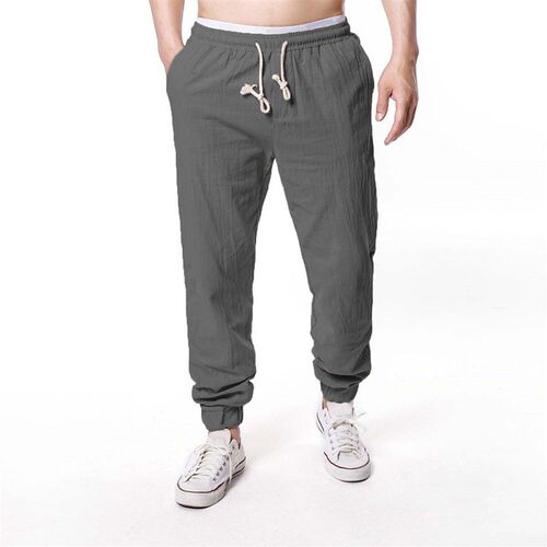 -New mens solid color cotton and linen trousers fashion cas