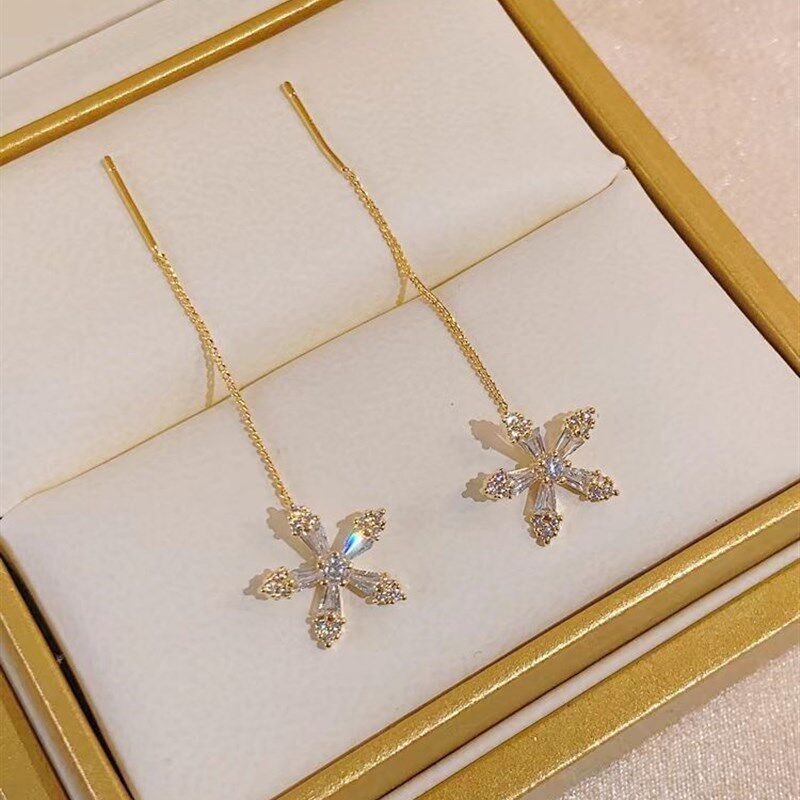Unique Crystal Flower Long Earring with Tassels Streamline E