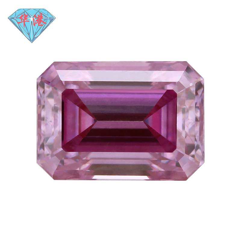华港宝石 祖母绿切粉莫桑石裸钻 长方倒角车平人造粉红色戒面主石