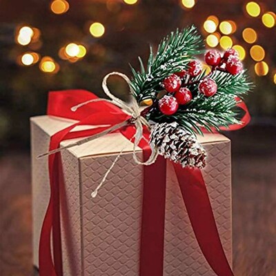 Red Stems Branches Christmas Berries Decor Artificial  Cones