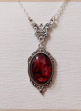 Gothic Blood Red Quartz Charm Necklace Oval Pendant Necklace
