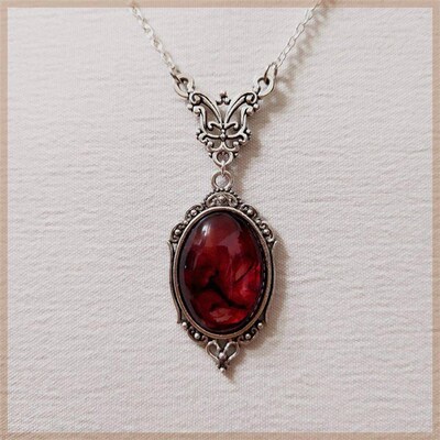 Gothic Blood Red Quartz Charm Necklace Oval Pendant Necklace