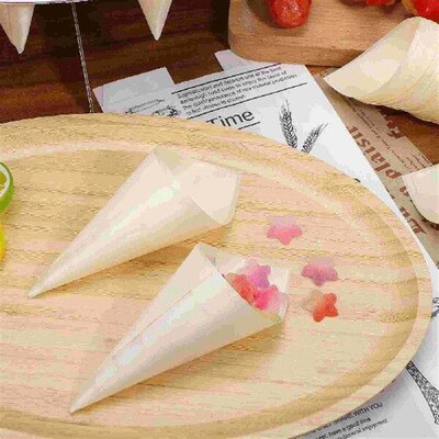 100 Pcs Veneer Roll Wood Tasting Cones Dessert Food Holders