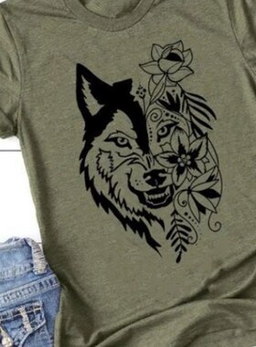 Wolf Head Floral Print T Shirt Women Short Sleeve O Neck Loo