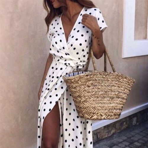 Summer Ladies Long Split Dress Polka dot Beach Dress Maxi