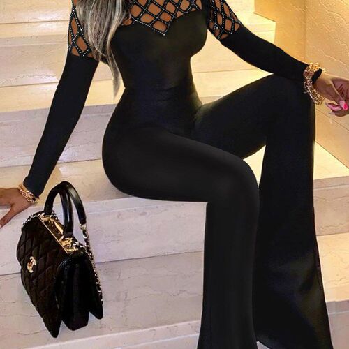 One Shoulder Sleeve Rhinestone Printed Slim Jumpsuit for Eur