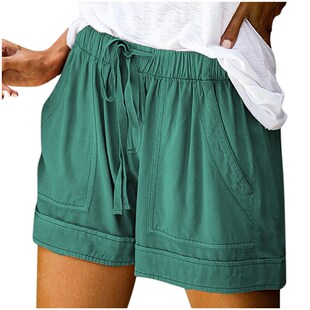 Women shorts Comfy Drawstring Splice Casual Elastic Waist Po