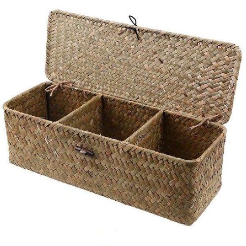 Natural Storage Basket Straw Storage Box with Lid Handmade