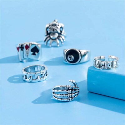 6pcs/Set Exaggerated Ring Skull Poker Clown Number Joker Sha