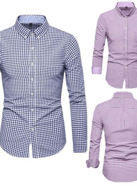 Mens Long Sleeve Shirts Spring Plaid Dad Dress Lapel Casual