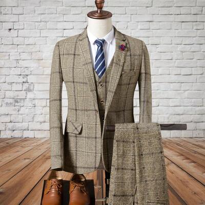 Mens suit set three piece mens English Plaid suit coat me