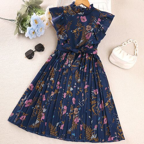 European Girls Dress Retro Print Flutter Sleeve Princess Dre