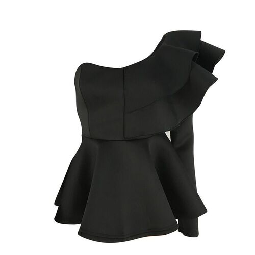 One Shoulder Zipper Up Peplum Ruffle ops Women One Long Slee