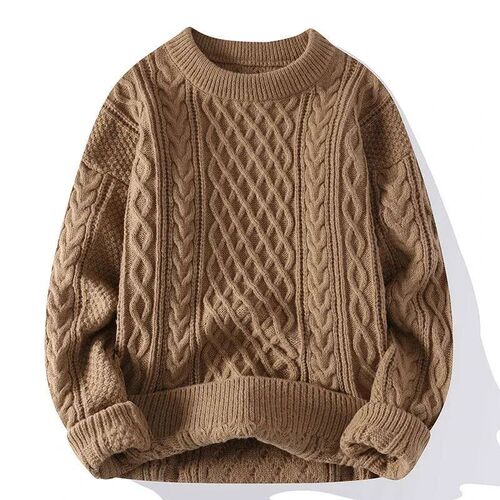 Winter Men Vintage Twist Sweater Round Neck Solid Color Male