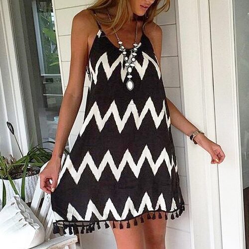 Female Wavy Strip Midi Dress Graceful Braces Shoulder Lady D