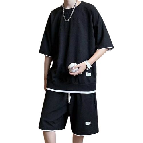 Wfles Casual Suit Mens Summer Ice Silk Short-sleeved T-shir