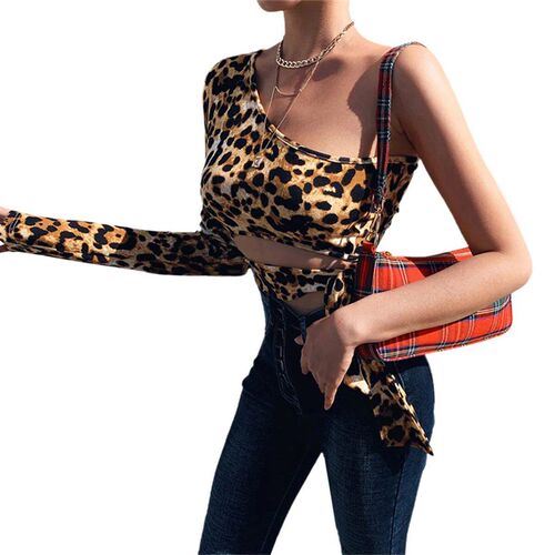 Fashion Womens Leopard Skin One Shoulder ops Blouse Lady Lo