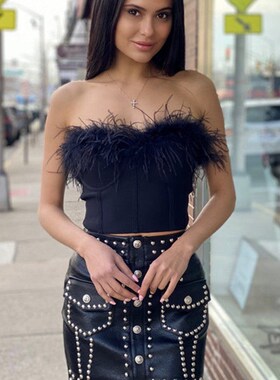 2022 Feather Trim Bandeau Tube Tops Women Strapless Tank Top