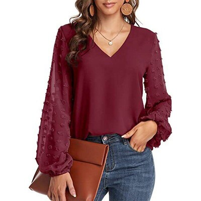 Solid Women Blouse 2022 Spring Fashion V Neck Long Sleeve El