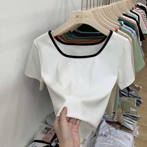 French Style Shoulder Short Square Collar Short-sleeved T-sh