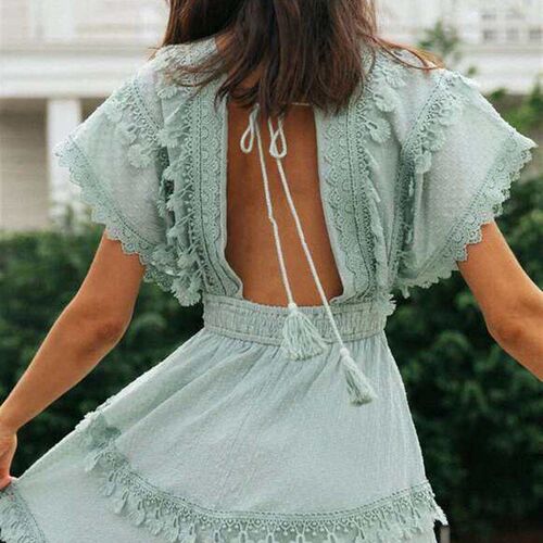 Wens Lace-up Open Back Large Swing Sleeve Dress