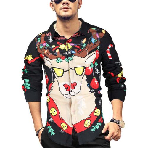 -Autumn Mens Christmas Shirt 3D Digital Long Sleeve Young M