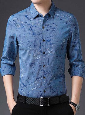 Spring new mens long-sleeved flower shirt thin dark flower
