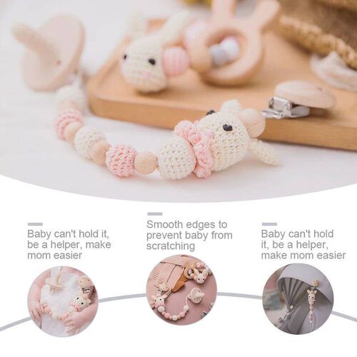1pc Bunny Pacifier Chain Clip Wood Crochet Rabbit Teething C