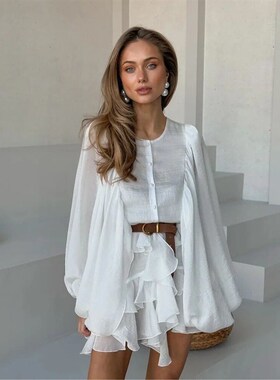 Womens 2025 New Puffy Sleeve Dresses Chic Pleated Lotu Hem