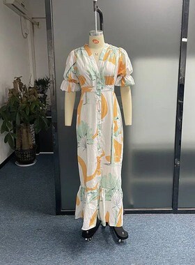 Ellafads Women Maxi Dress Summer Stylish Print Short Puff Sl