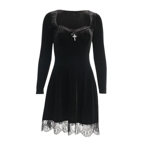 Grunge Gothic Black Mini Dress Lace Trim High Waist Bodycon