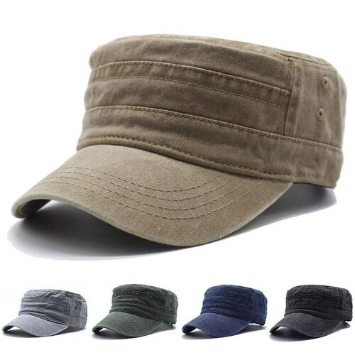 Fashion Washed Cotton Flat Top Military Cap Adjustable Outdo