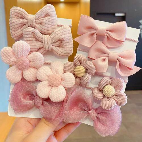 10Pcs/Set Bow Flower Elastic Hairbands for Kid Sweet Hair Ti