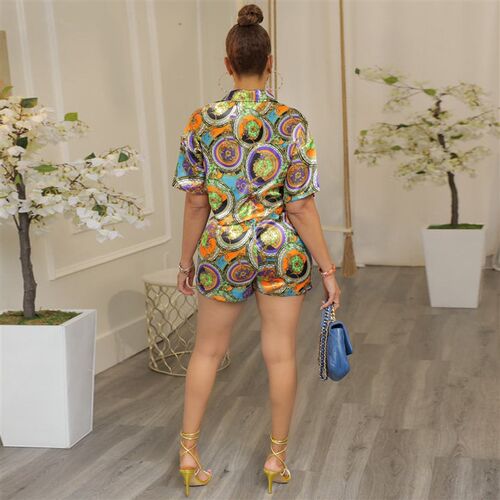 QFAF Women Paisley Floral Printed Short Sleeve Mini Shirt Bl