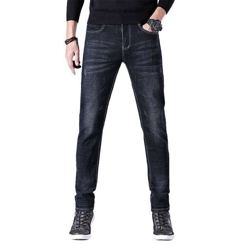 New High-end Four Seasons Jeans Mens Slim-fit Fleece-lined