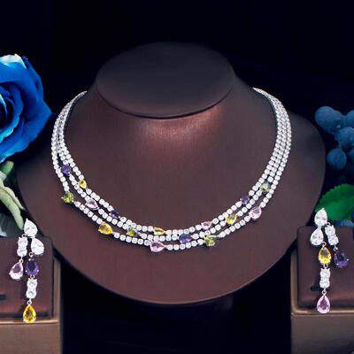 ThreeGraces Shiny Colorful Cubic Zirconia 3 Rows Multi Layer