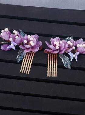 Chinese Glazed Flower Hairpin Purple Floral Hair Comb Fairy