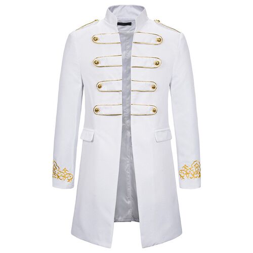 White Stand Collar Embroidery Blazer Men Military Dress Tuxe