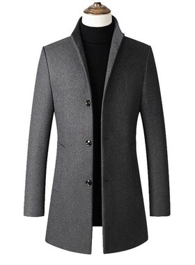 Mens Solid Color Stand Collar MidLong Wool Coat for Euro Siz