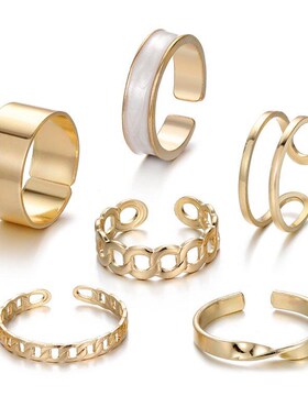 Retro Chain Open Geometric Oiled Ring 6Piece Set European an