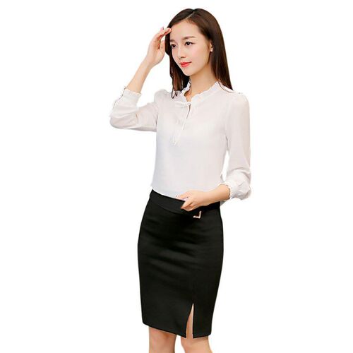 Spring  Women Blue Shirts Long Sleeve Stand Collar Bow Blous