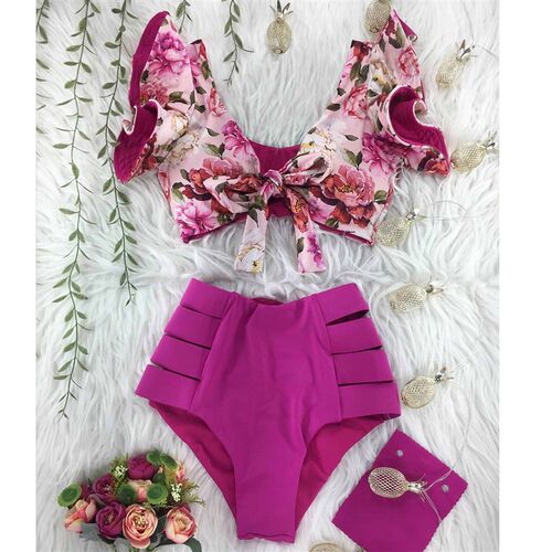 2023 Print Swimwear Women High Waist Bikini Ruffle Swimsuit