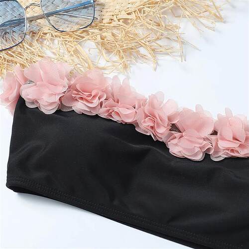 Cute Women Flower Bikini Swimsuit Black Ruffle Hem Strapless