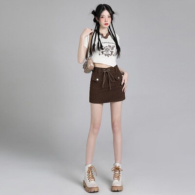 Coffee denim short skirt women summer new high waist slim ba