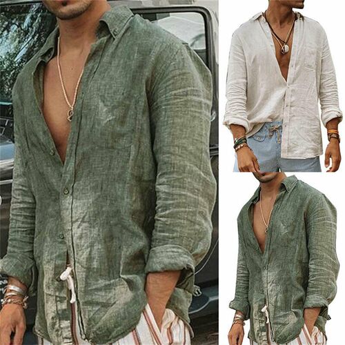 2023 Men Casual Cotton Linen ShirtsStanding Collar Male Soli