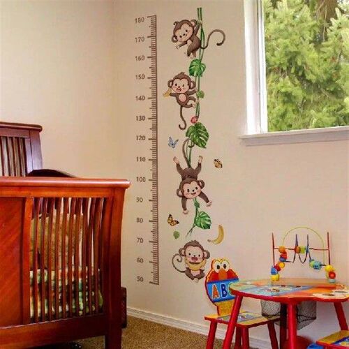 Cartoon Cute Monkey Green Leaf Height Sticker for Kids Room