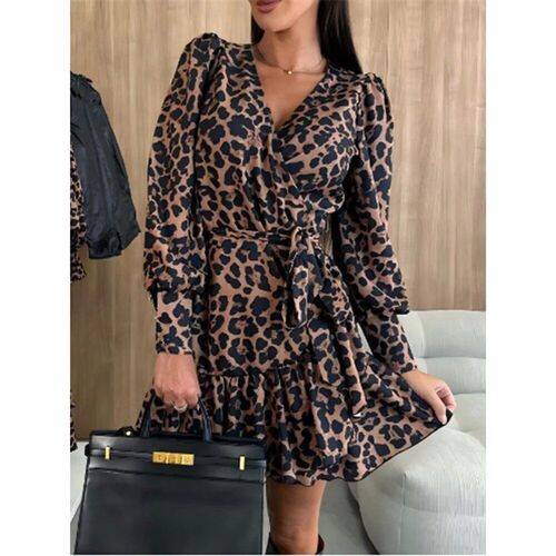 V-neck Lace Up Bubble Long Sleeved Leopard Print Womens