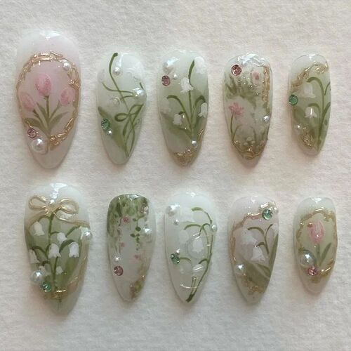 24pcs Press on Fake Nails Set Almond Wearable Simple French